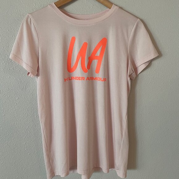 Under Armour Light Pink with Neon Orange Decal Heatgear T-Shirt Size Medium‎ - Picture 1 of 7